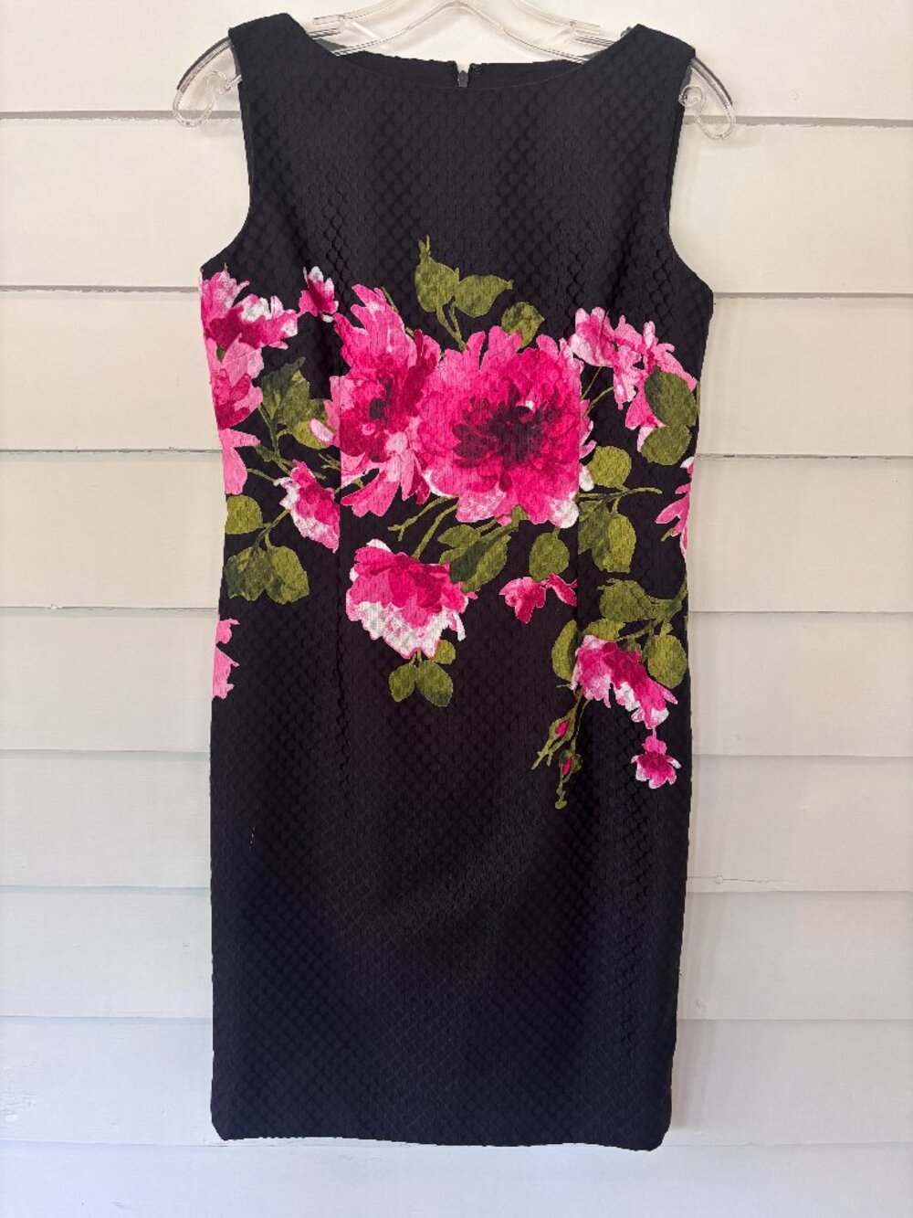 Calvin Klein Black Textured Pink Floral Sleeveless Sheath Dress Size 4